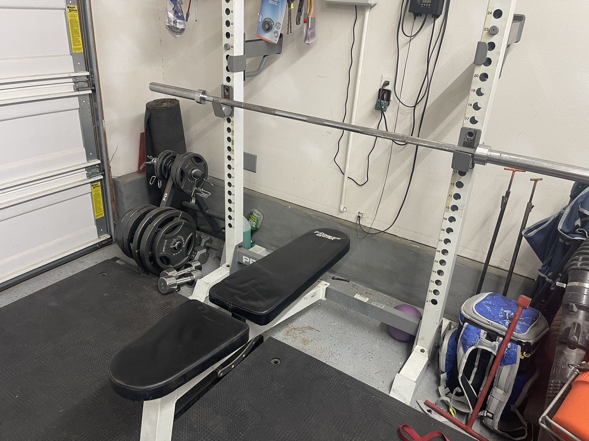 Weight Bench, Squat Rack ,Bar,weights And Black Rubber Mats