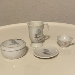 Precious Moments Miniature Cup Saucer, Larger Cup And Pillbox