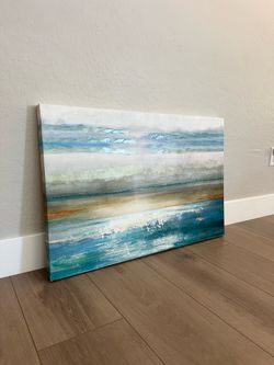 36x24 “Dawning I” Textured Turquoise Blue/Gold/White Coastal Ocean Canvas Artwork