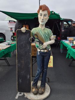 vintage, life-size figural hair salon chalkboard menu sign designed for commercial advertising. Standing around 6 feet tall