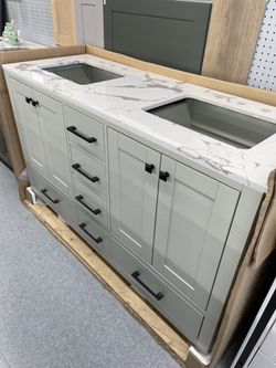 Bathroom vanity cabinet 60” solid mango Quartz top with sinks and backsplash