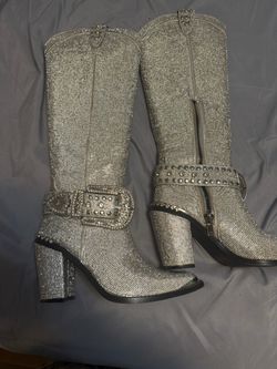 Silver Rhinestone Cowboy Boots with Buckle