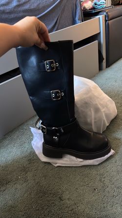 Black Knee-High Moto Boots with Buckles size 7-7 1/2