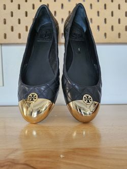 Tory Burch Quilted Cap Toe Ballet Flats Black Leather Gold Size 8