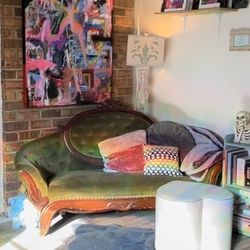 antique Victorian 1800s Green Velvet Couch With Wood Trim