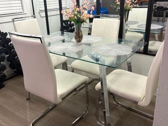 Chrome Glass Dining Table White Chairs
