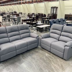 2pc Grey Reclining Sofa Set - Sofa & Love Seat