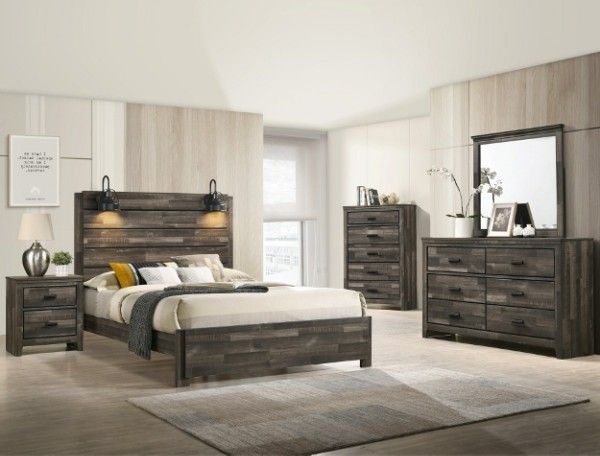 Rustic Grey Industrial Style Bedroom Set with Lamps