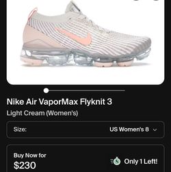 Nike Air VaporMax Flyknit 3
Light Cream (Women's)
Used
Size 8