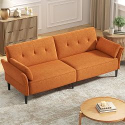 89” Futon Sofa Bed, Velvet Fabric Comfy Futon Couch Bed with 2 Square Pillows, Convertible Sleeper Sofa with Adjustable Backrest& Armrests, 