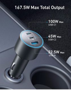 Anker 167.5W Max 3-Port Ultra-Compact USB C Fast Charging Car Charger Fast Charging Adapter for MacBook Pro / Air, iPhone 17 / 16 / 15 Series, Samsung