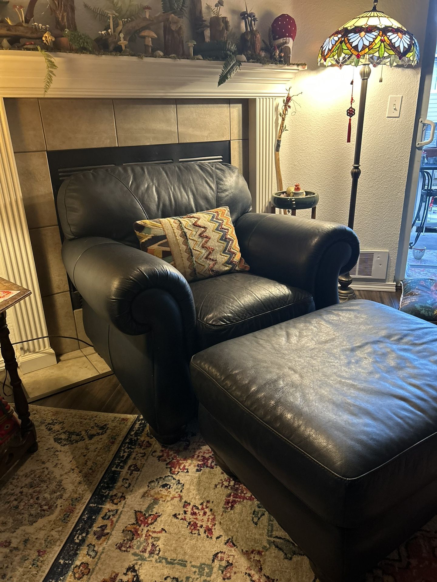Navy Leather Armchair And Ottoman Set
