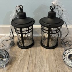 2 Outdoor Pendant Lights with Water Ripple Glass Lanterns, for Porch, Front Patio, Foyer Black New