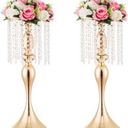 Gold Vases for Centerpieces, 21.3in Crystal Flower Arrangement Stand, Wedding Centerpieces for Tables, Tall Metal Flower Vase Holders for Wedding, Eve