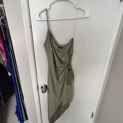olive green slit dress, with an open on the side and one strap, size small
