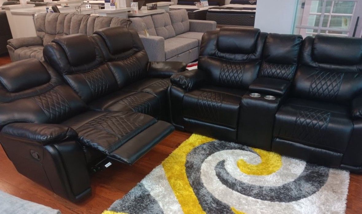 Limited time. Santiago black leather reclining sofa and loveseat set $1199. Easy finance option. Same day delivery.