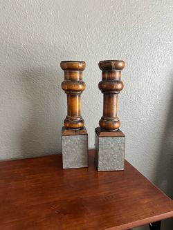 Rustic Wood and Metal Pillar Candleholders Set of 2