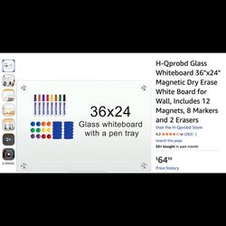 Magnetic Dry-Erase Glass Whiteboard 36"x24"