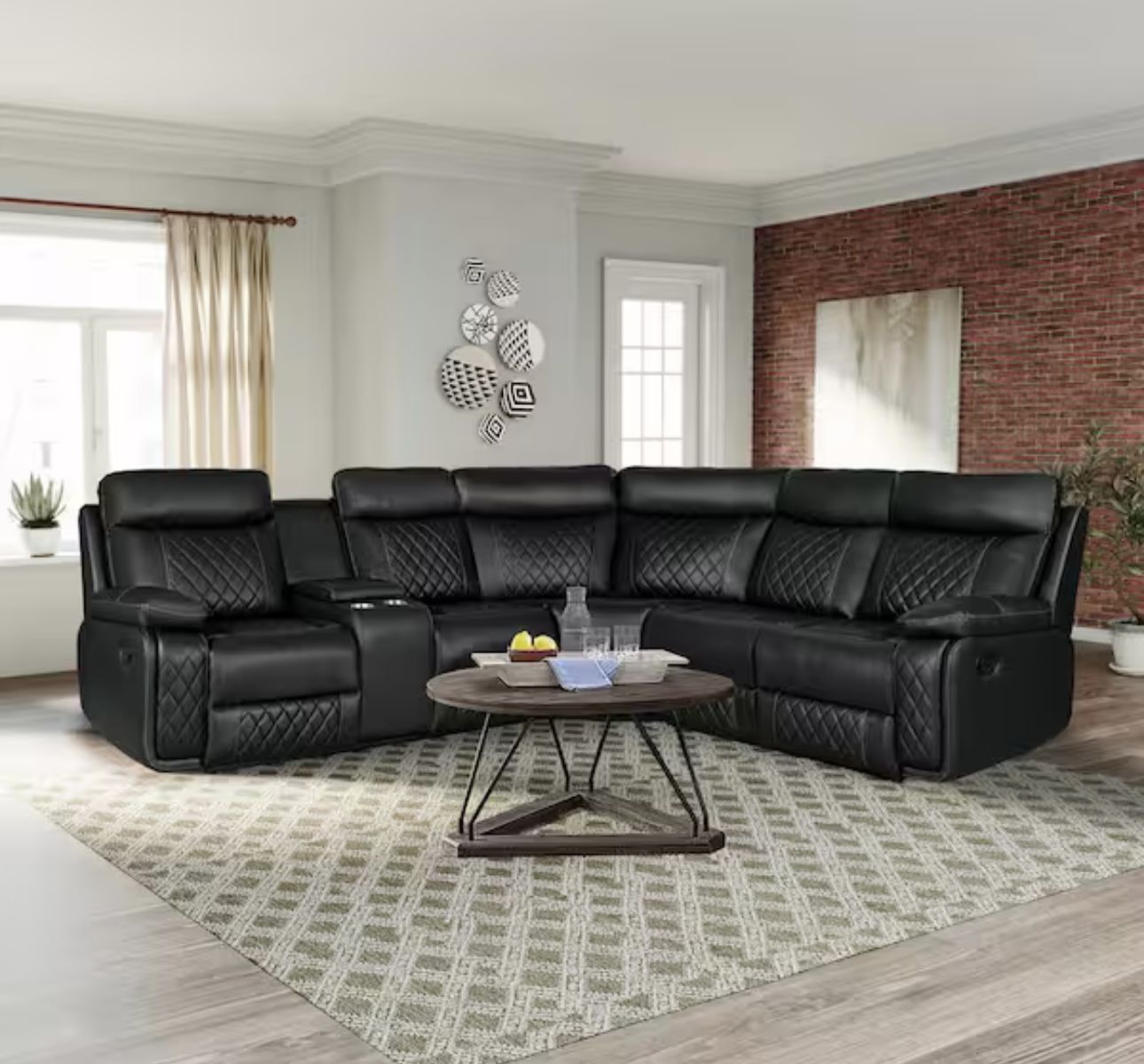 New Black Leather Fully Reclining Sectional Couch 