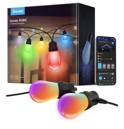 Govee Smart Outdoor String Lights H7015, 48ft RGBIC Outdoor Lights with 15 Dimmable LED Bulbs, IP65 Waterproof, Color Changing Warm White Lights with