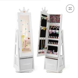 Kids Jewelry Armoire Cabinet with Large Storage Capacity and Swivel Base-White
