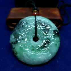 Burmese icy Type A Jadeite Jade Pendant Big Lucky Circle Doughnut Vintage Pattern.  Certified. 
