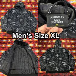 Assholes*s Live Forever Black Full Zip Hooded Jacket Men’s Size XL Hearts Doves