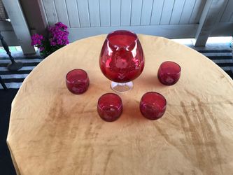 Vintage Cranberry Glass Pitcher & 4 glasses