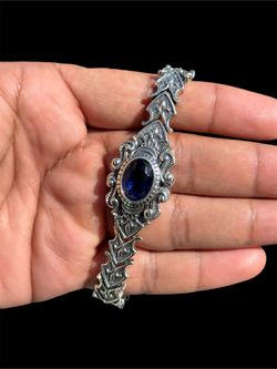 925 Sterling Silver Bracelet with Blue Zirconia Stone, Gothic Design, 9 Inch 