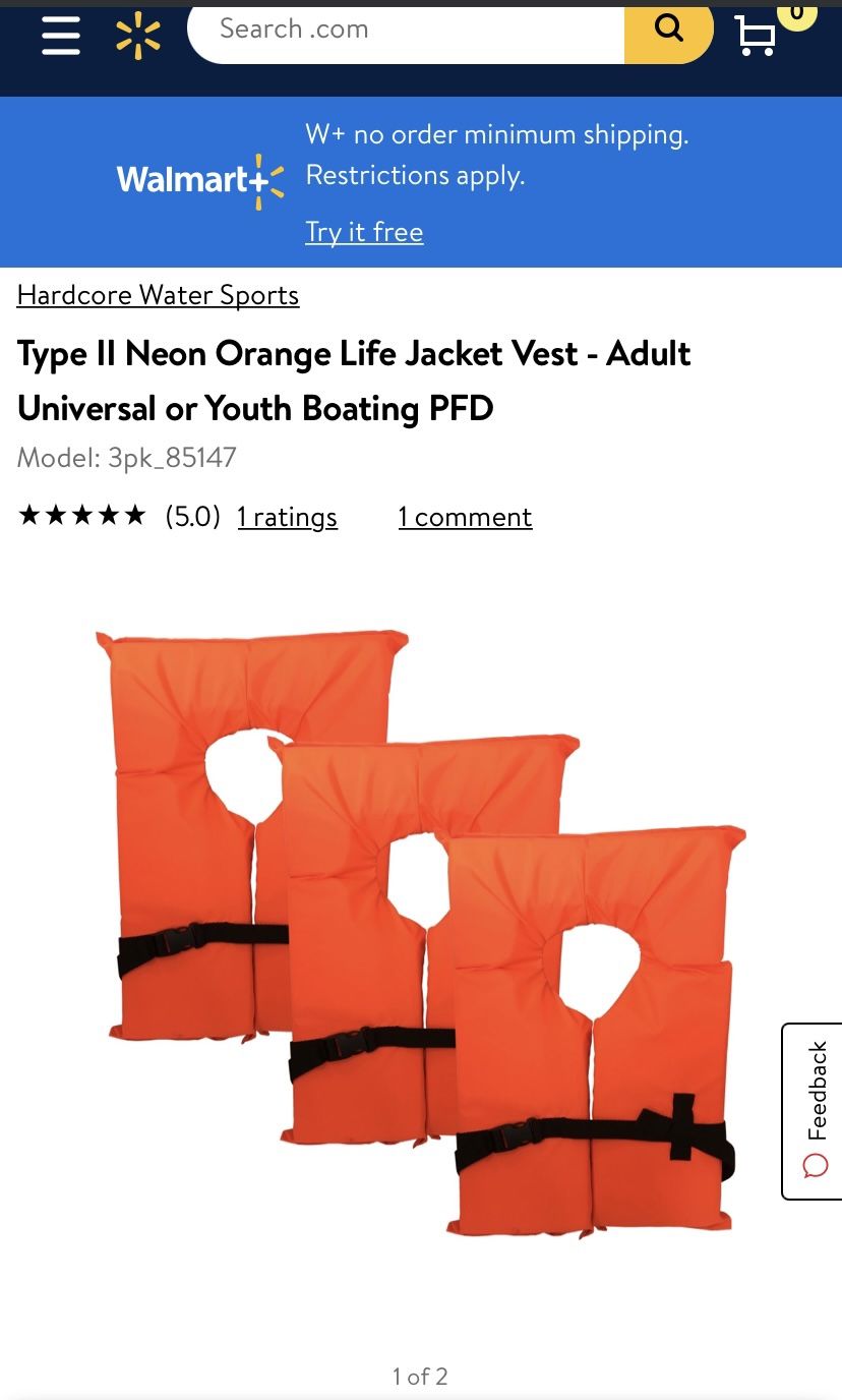 Type II Neon Orange Life Jacket Vest - Adult Universal or Youth Boating PFD