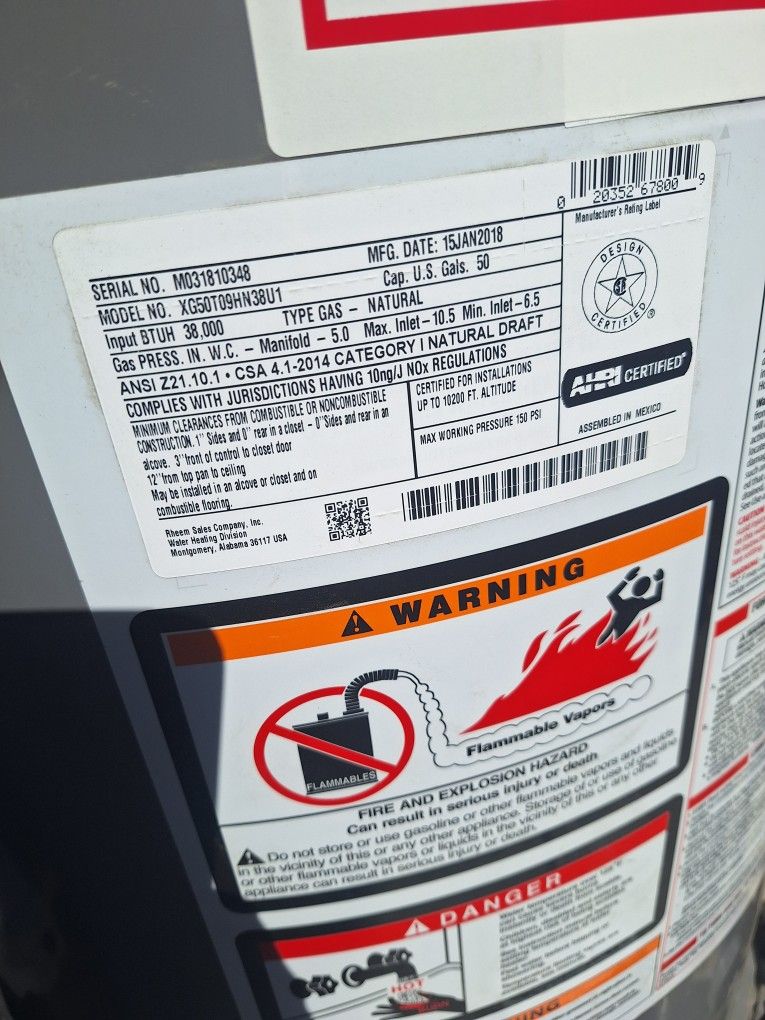 50gal Rheem Water Heater Natural Gas