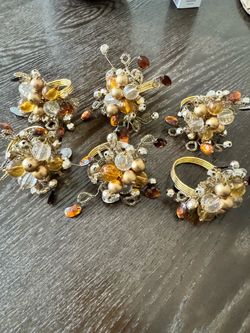 Pier 1 Jeweled Beaded Napkin Rings – Amber & Gold – Set of 6