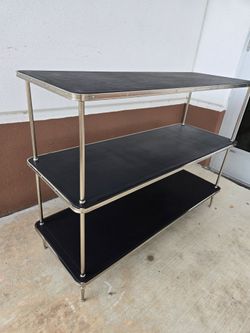Williams Sonoma Home / 3 Tier table/ Leather top brushed nickel legs