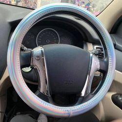 14.5 to 15" Inch Steering Wheel Cover Silver Prism Patent Leather Shiny Smooth Glossy New  