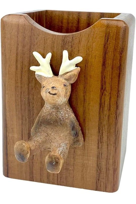 Wooden Pencil Holder Super-Cute Bear Deer Dog Decorations, Multiple-Use Eco Natural Wood Storage Box, Desktop Organizer for Home Office and School