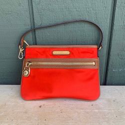 Michael Kors Kempton Red Nylon Brown Leather Trim Wristlet Bag Pouch