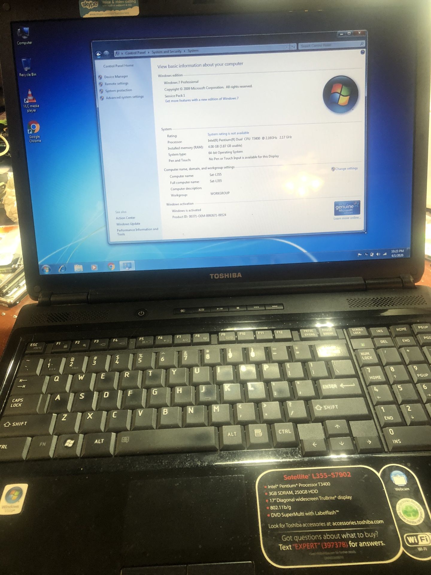 Toshiba Satellite 17” Laptop Win7 Pro