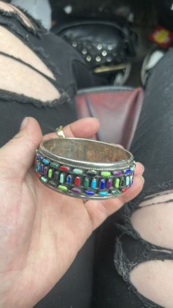 Taxco sterling silver 925 multi stoned hinged cuff bracelet