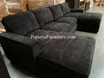 New Black Sectional with TWO Chaise U Shape Couch with Double Lounge Sofa Set Chenille Fabric Big Large Living Room Entertainment Game Lounger Modern