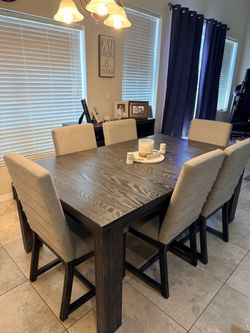 Dining Kitchen table 8 chairs server hutch buffet grey taupe ivory set Ashley Bellvern