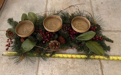 Large 26" Rustic Winter Greenery Centerpiece with Carved Wood Accent Holders