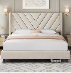 Queen Size Velvet Upholstered Platform Bed with Chevron Headboard