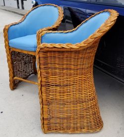 Set of 2 Large MCM Vintage Rattan Wicker Upholstered Bar Stools Chairs