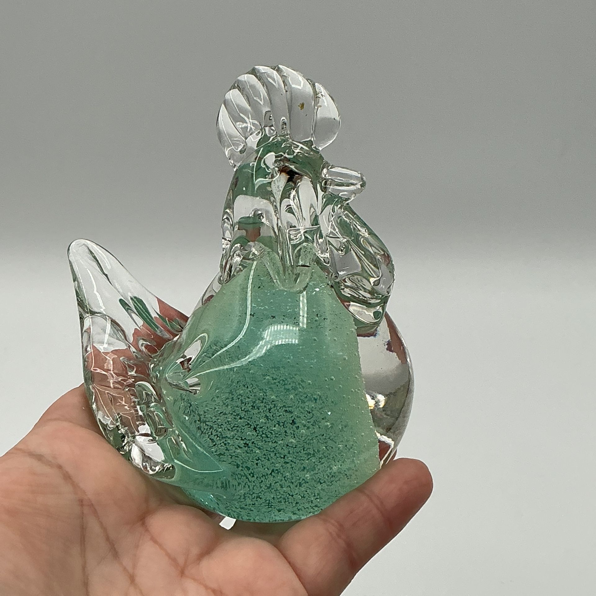Rooster Aqua / Clear Glass Paperweight