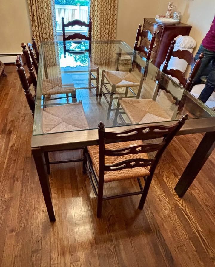 Glass Dining Room Table & 6 Antique Chairs