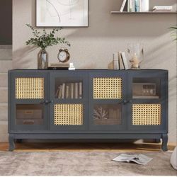  60" 4-Door Sideboard Cabinet with Large Storage,Artificial Rattan and Transparent Glass