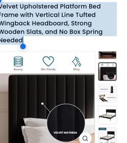 Velvet Upholstered Platform Bed Frame with Vertical Line Tufted Wingback Headboard, Strong Wooden Slats, and No Box Spring Needed