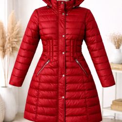Guess Red Long Puffer Coat With Hood NWT Winter Jacket Size Large