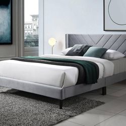 BRAND NEW Grey Velvet Platform Bed (Full Or Queen)