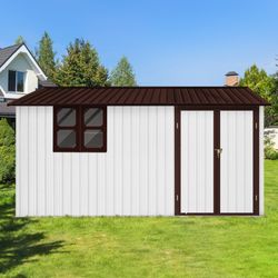 "Spacious 10ft x 12ft White & Coffee Metal Garden Shed, Ideal for Outdoor Storage, with Window for Natural Light and Ventilation"